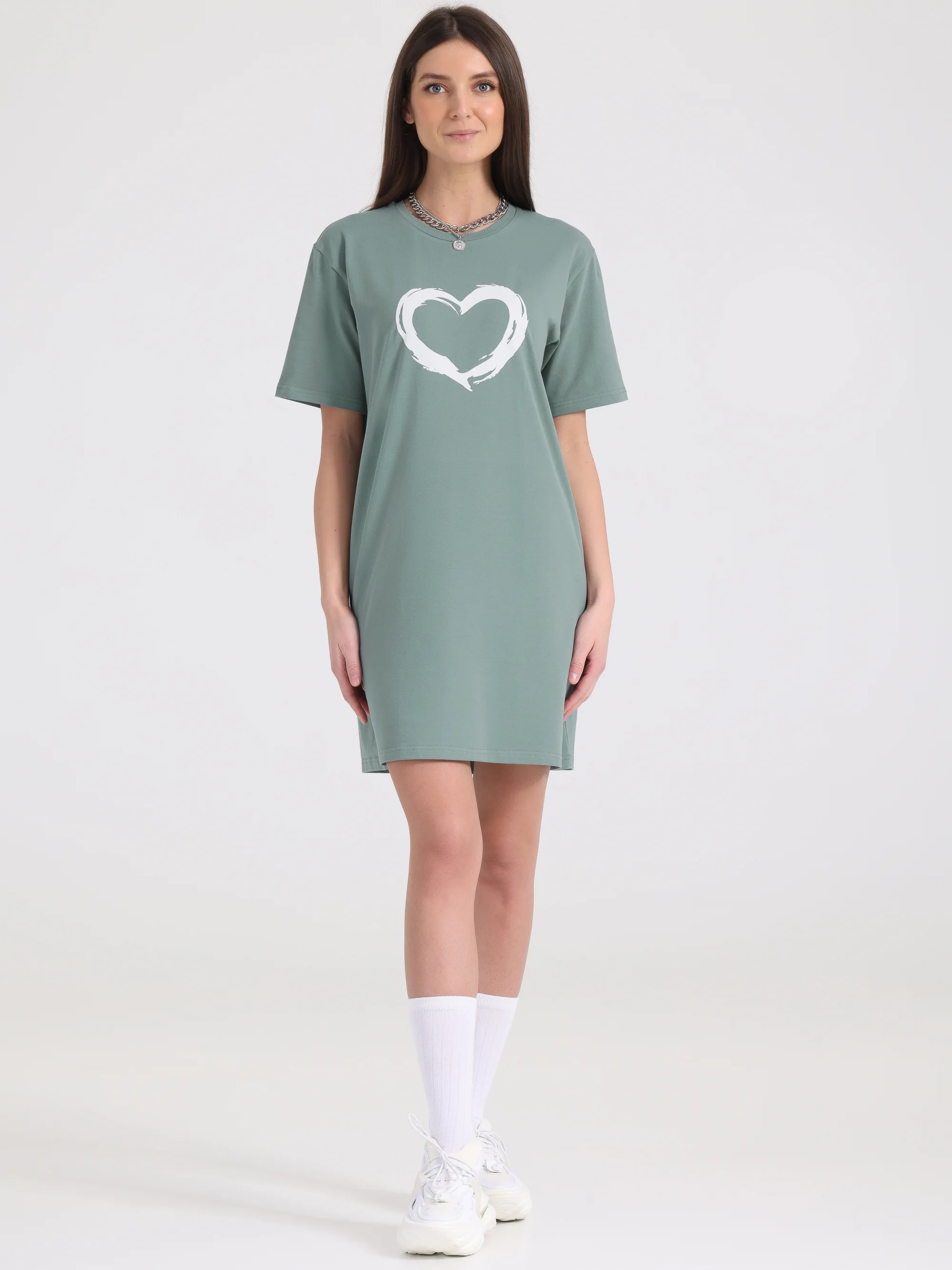 Бирюзовый платье-футболка Oversize с принтом, короткое