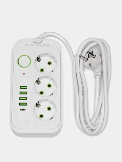 Белый сетевой фильтр-удлинитель, с USB портами и Type-C