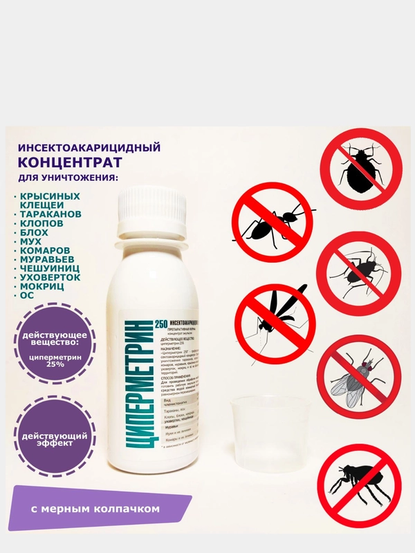 Циперметрин 250 100 мл Средство отрава от тараканов, клопов, ос, блох, муравьев, клещей