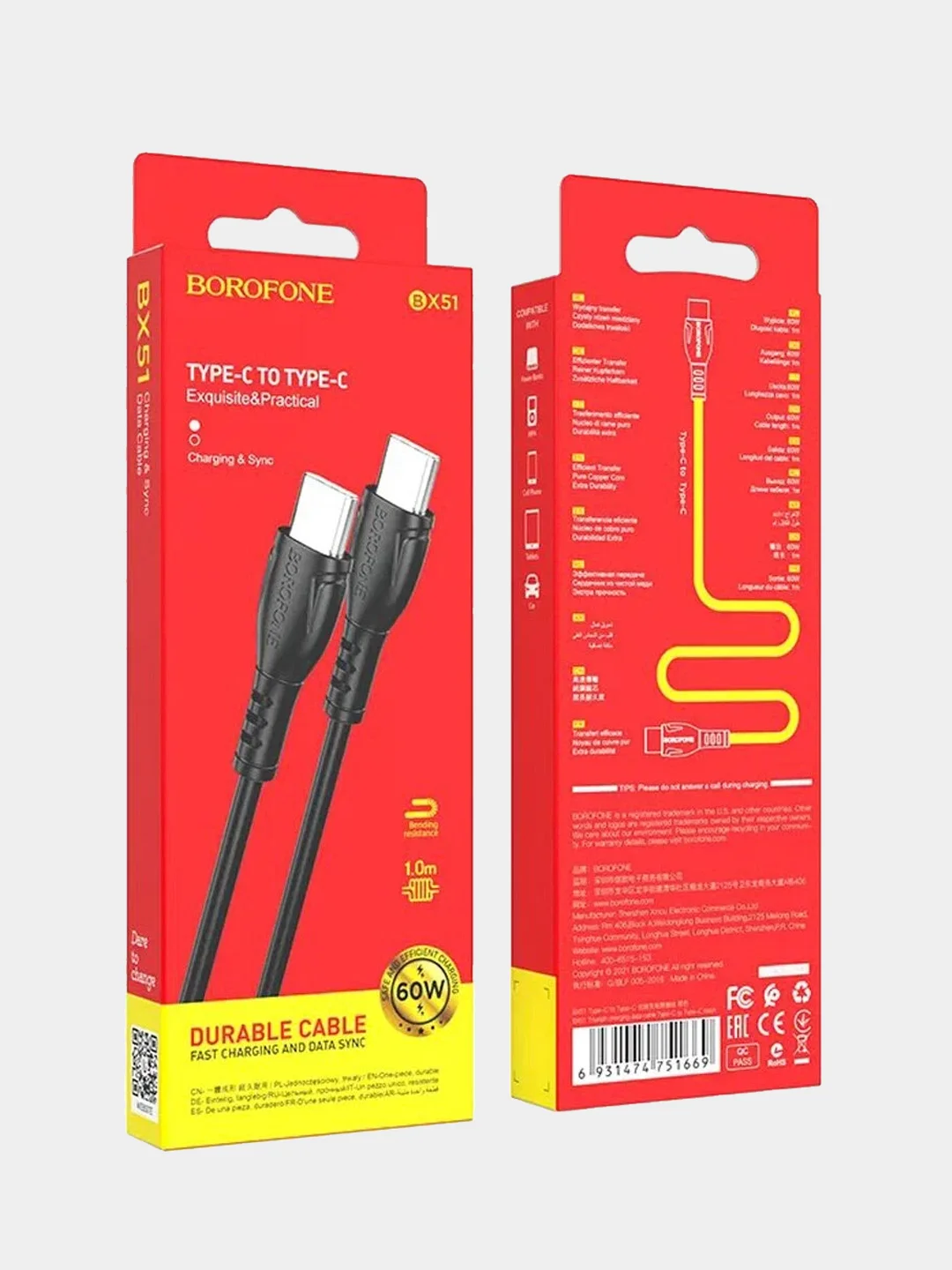 Черный кабель Hoco для Android Type-C, на Type-C Borofone BX51 PD 60W 3A для быстрой зарядки