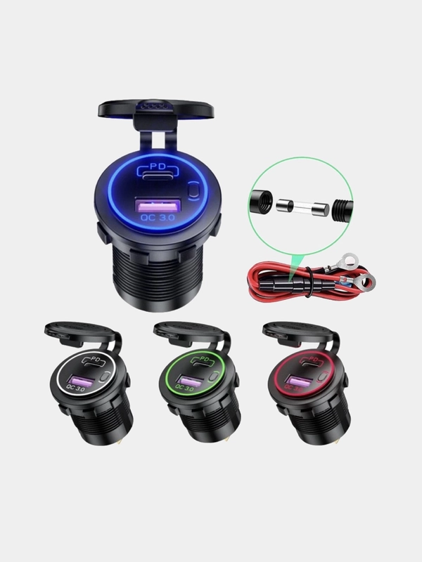 Розетка USB + Tupe-C врезная автомобильная, быстрая зарядка, 12V/24V