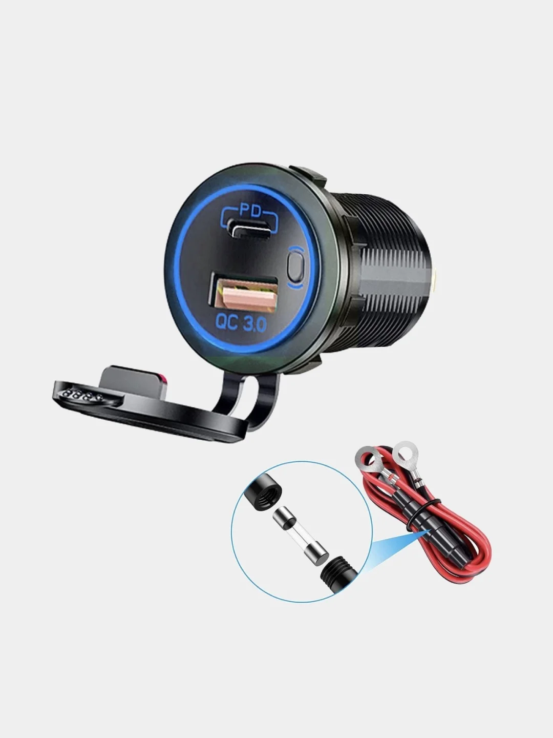 Синий розетка USB + Tupe-C врезная автомобильная, быстрая зарядка, 12V/24V