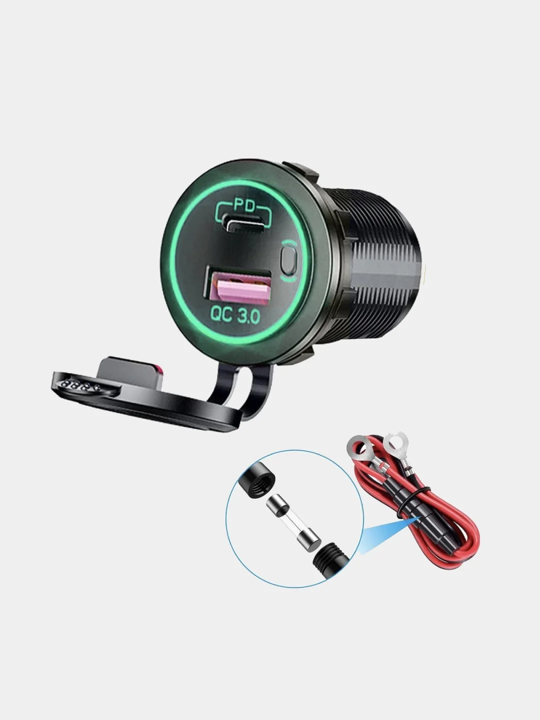 Зеленый розетка USB + Tupe-C врезная автомобильная, быстрая зарядка, 12V/24V