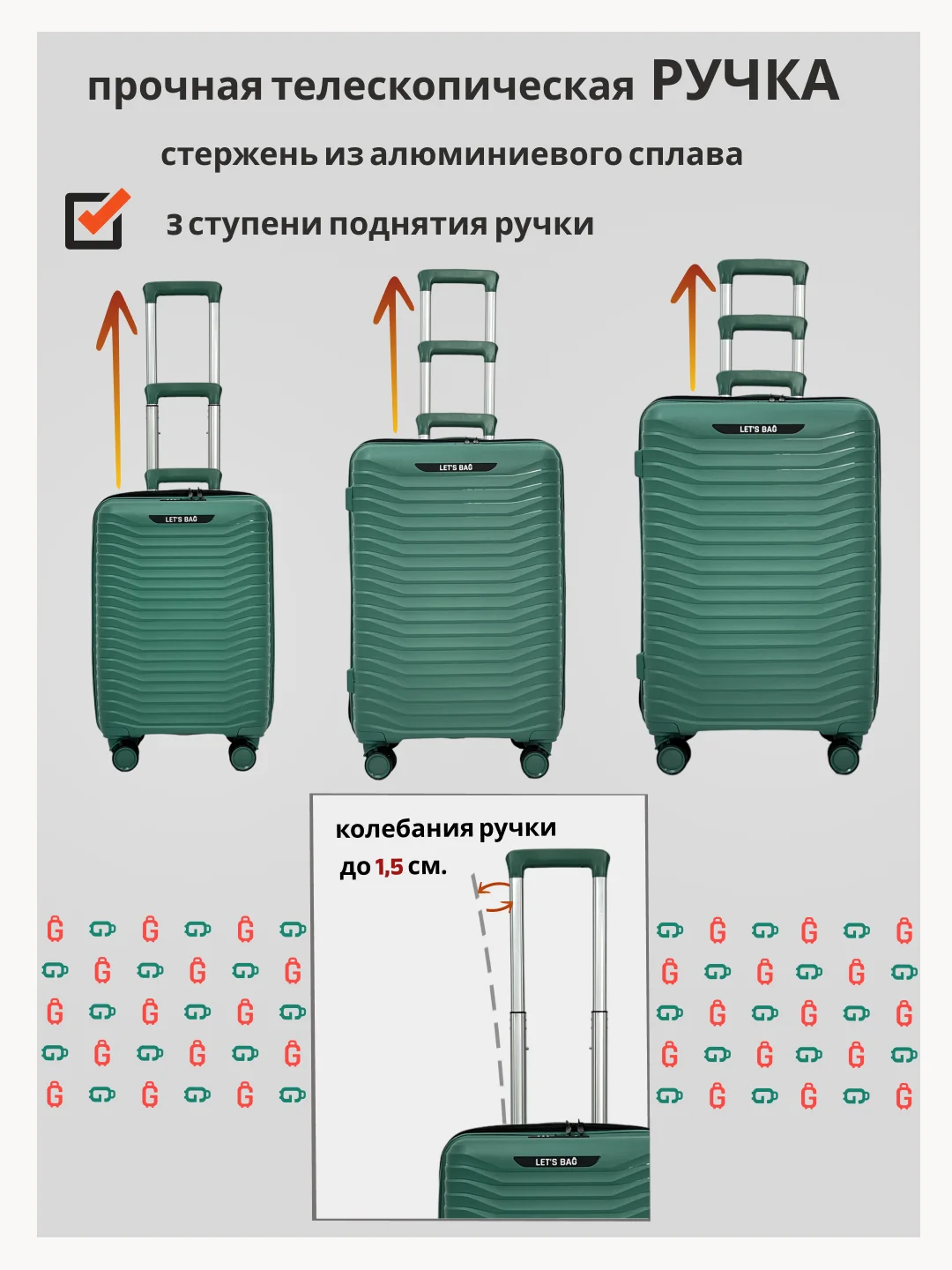 Зеленый чемодан на колесах, ударопрочный, облегченный из полипропилена