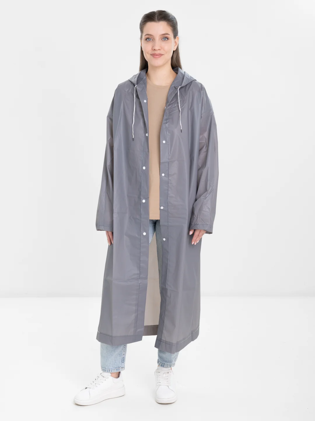 Серый дождевик с капюшоном, многоразовый UNISEX цвет белый,черный