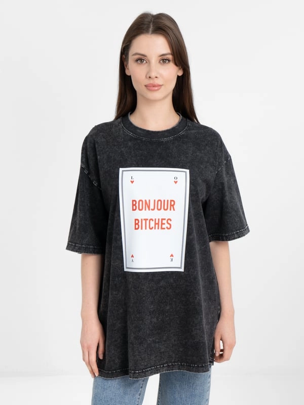 Футболка оверсайз варенка унисекс однотонный 3 цвета, "BONJOUR BITCHES" хлопок