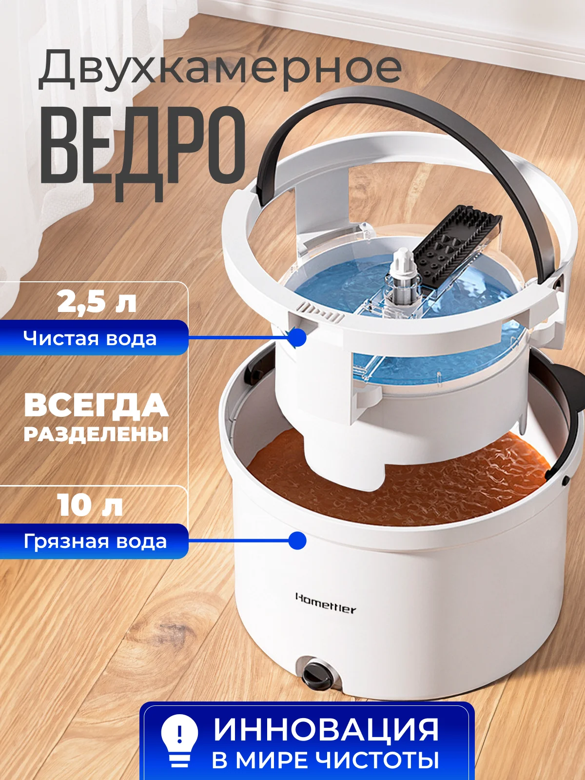 Белый умная швабра с отжимом и ведром 10 л
