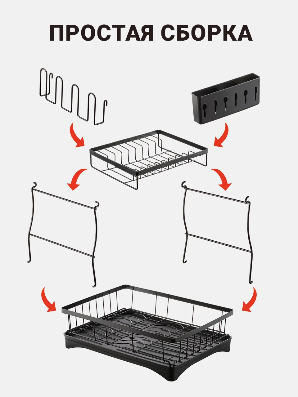 Черный сушилка для посуды настольная со сливом Shiny Kitchen, сушка для посуды с поддоном
