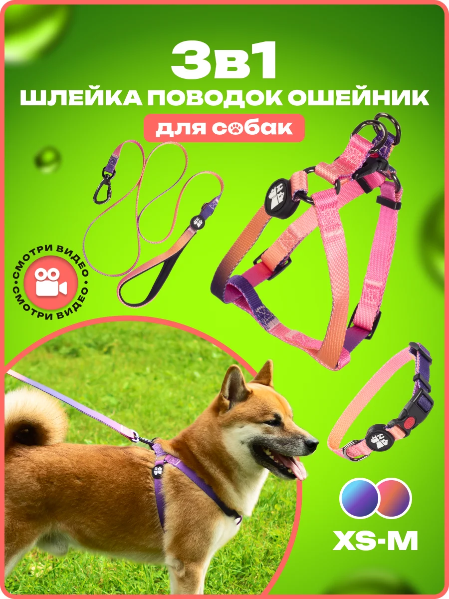 Тёмно-розовый шлейка, ошейник, поводок для собак, комплект 3 в 1