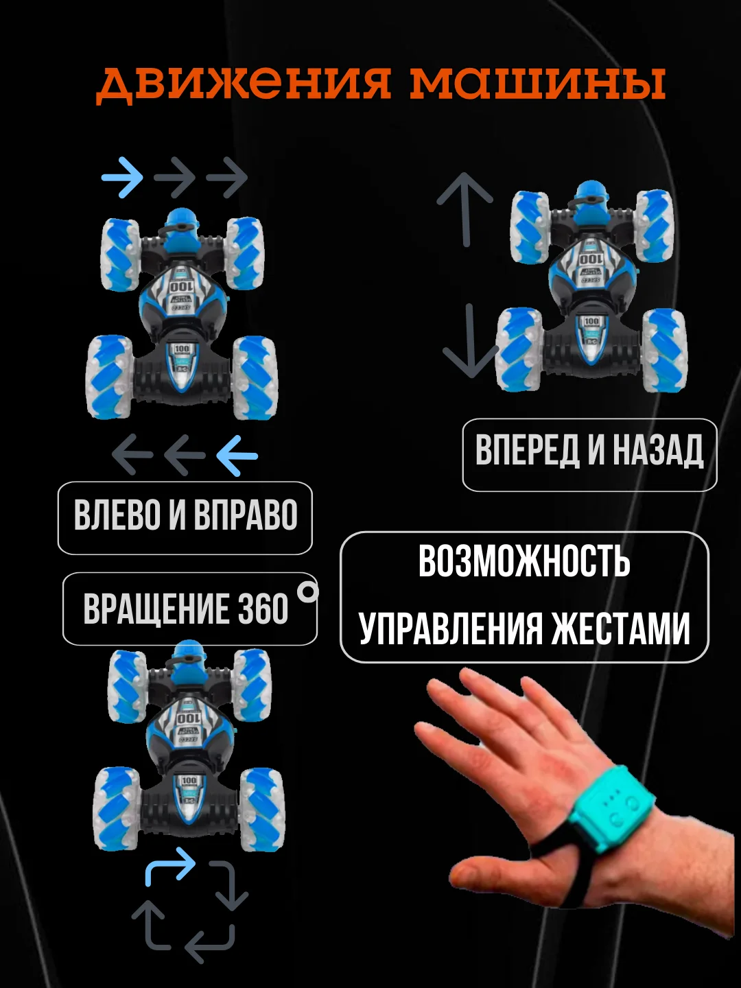 Оранжевый машинка на радиоуправлении, дрифт, вездеход, управление жестами