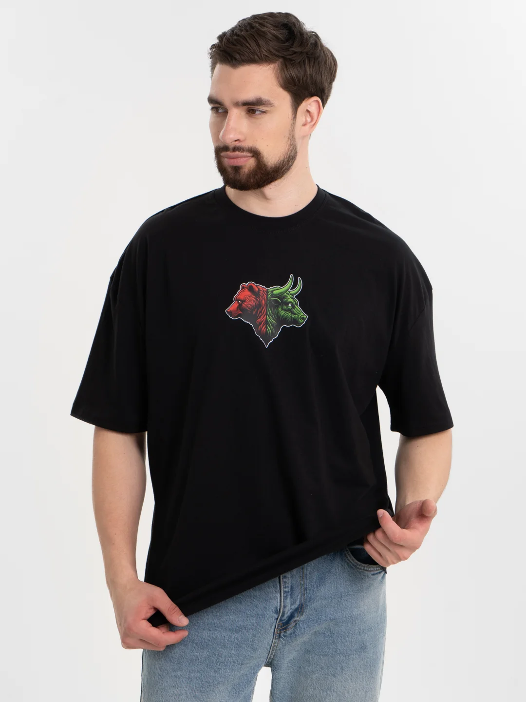 Разноцветный футболка оверсайз "Инвестор/Трейдер", унисекс, oversize, T-Shirt "Бык/медведь" с принтом