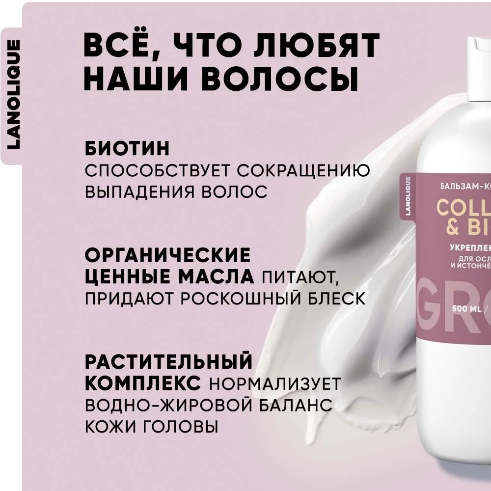 Lanolique / Бальзам-кондиционер женский для роста волос GROW, 500 мл