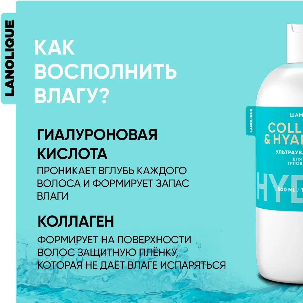 Lanolique / Шампунь для волос женский ультра увлажняющий HYDRA, 500 мл