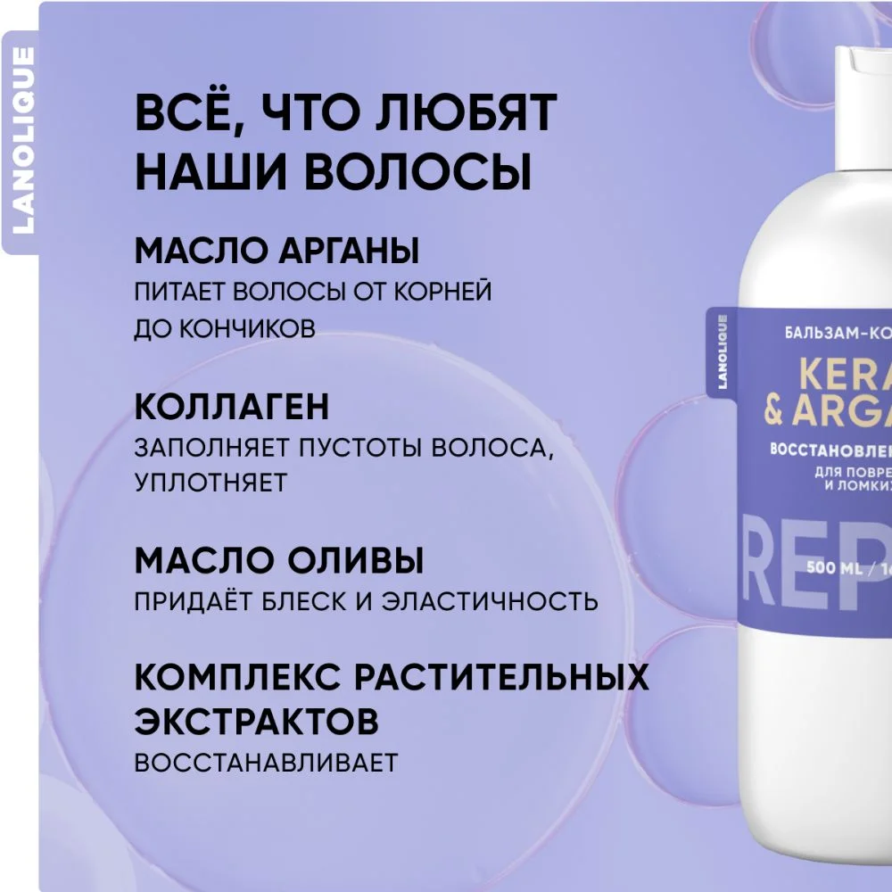 Lanolique / Бальзам для волос c кератином восстанавливающий кондиционер REPAIR, 500 мл