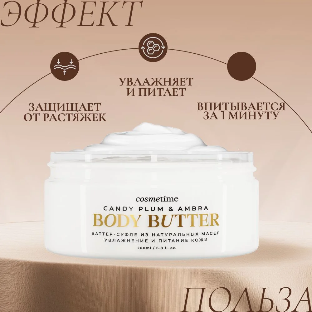 Cosmetime / Крем для тела увлажняющий парфюмированный баттер Черная Амбра и Слива, 200 мл