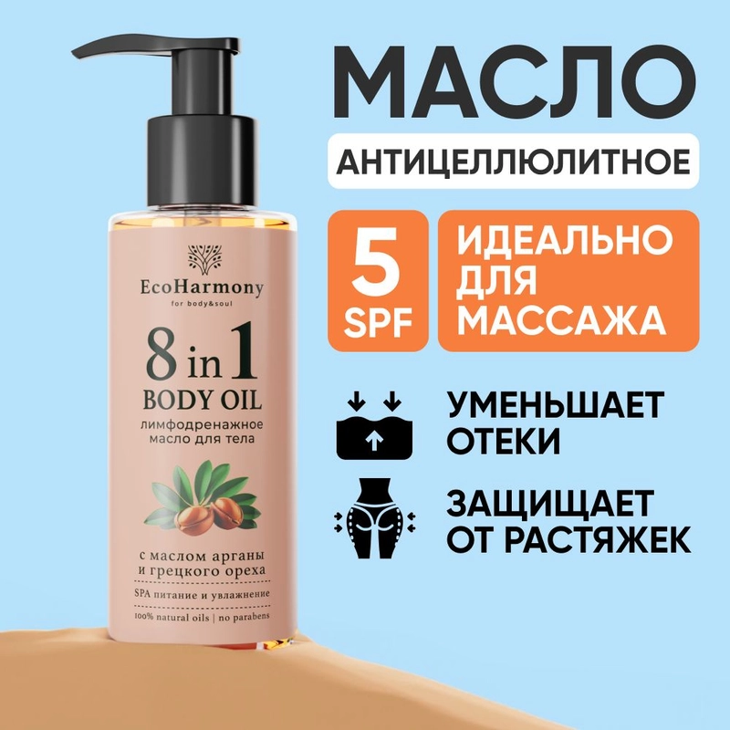 Масло для тела массажное антицеллюлитное EcoHarmony от растяжек, аргана, 150 мл