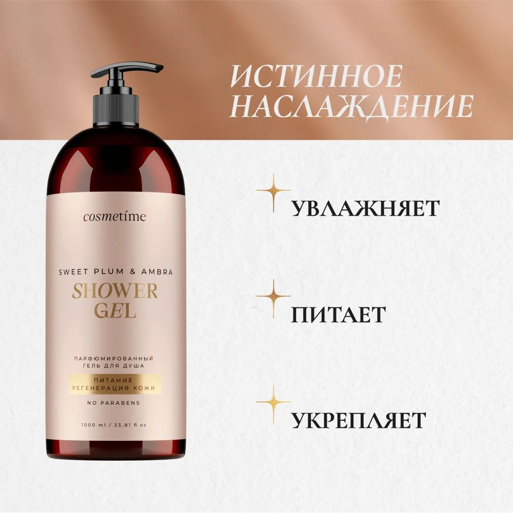 Cosmetime / Гель для душа женский парфюмированный Черная Амбра и Слива, 1000 мл