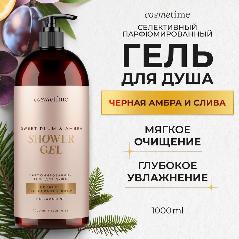 Cosmetime / Гель для душа женский парфюмированный Черная Амбра и Слива, 1000 мл