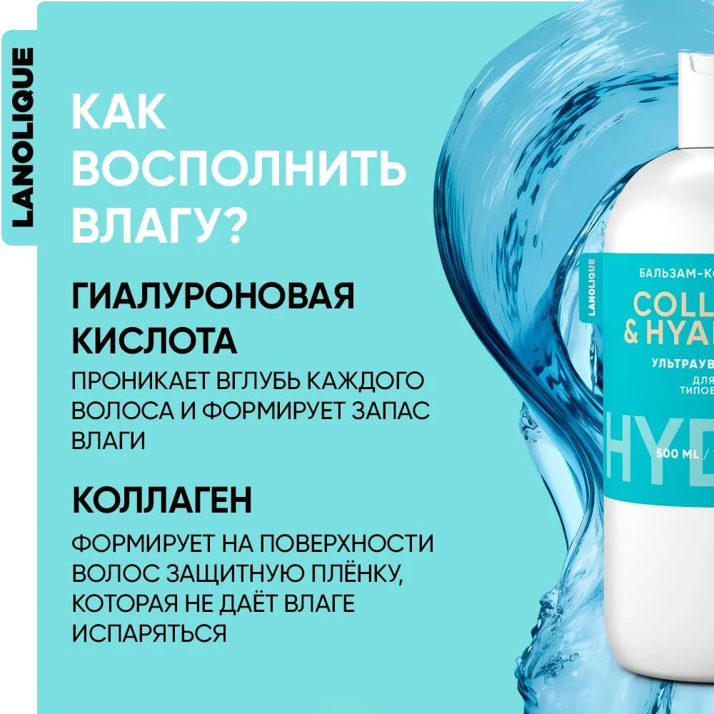 Lanolique / Бальзам для волос ультра увлажняющий кондиционер HYDRA, 500 мл