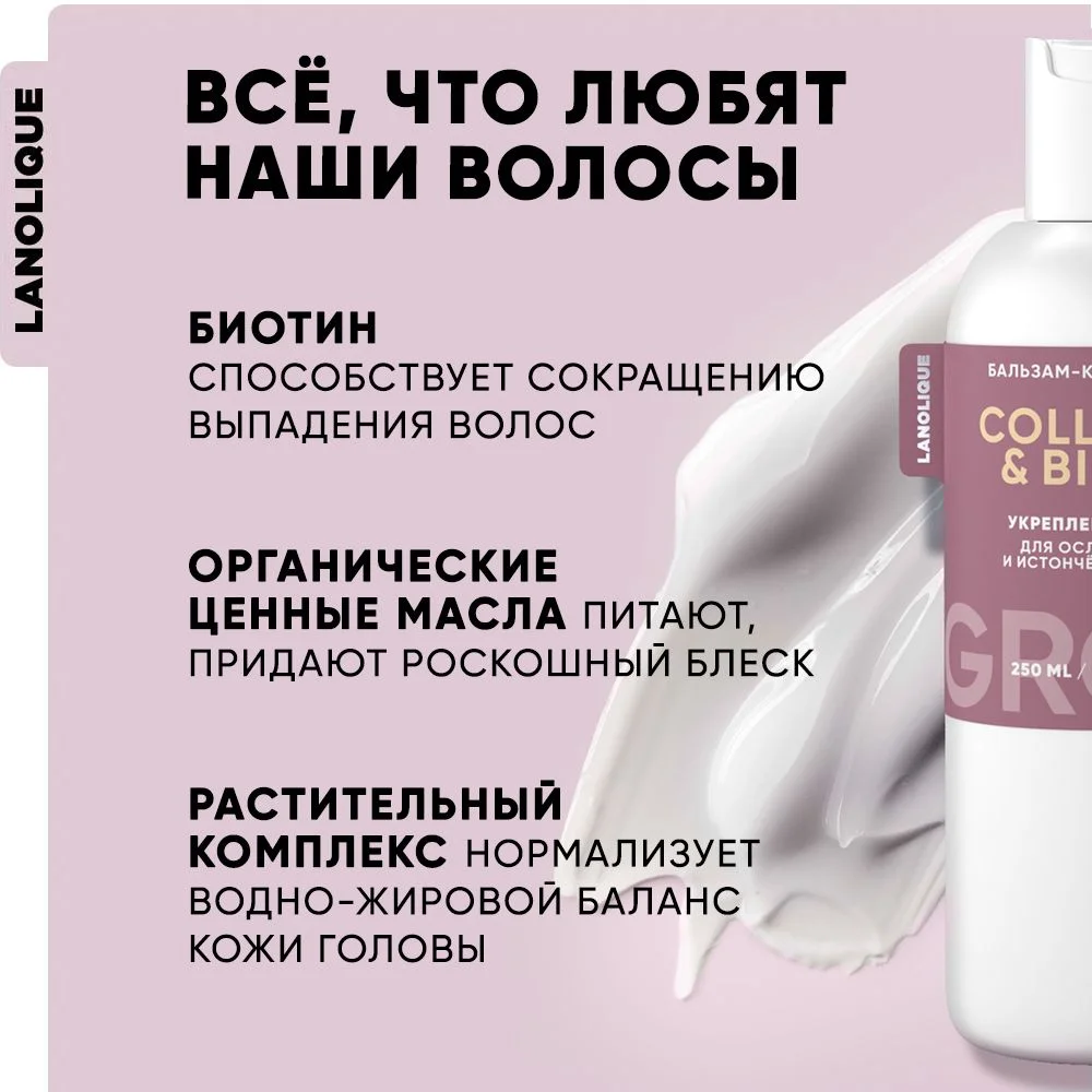LANOLIQUE Бальзам-кондиционер женский для роста волос GROW, 250 мл