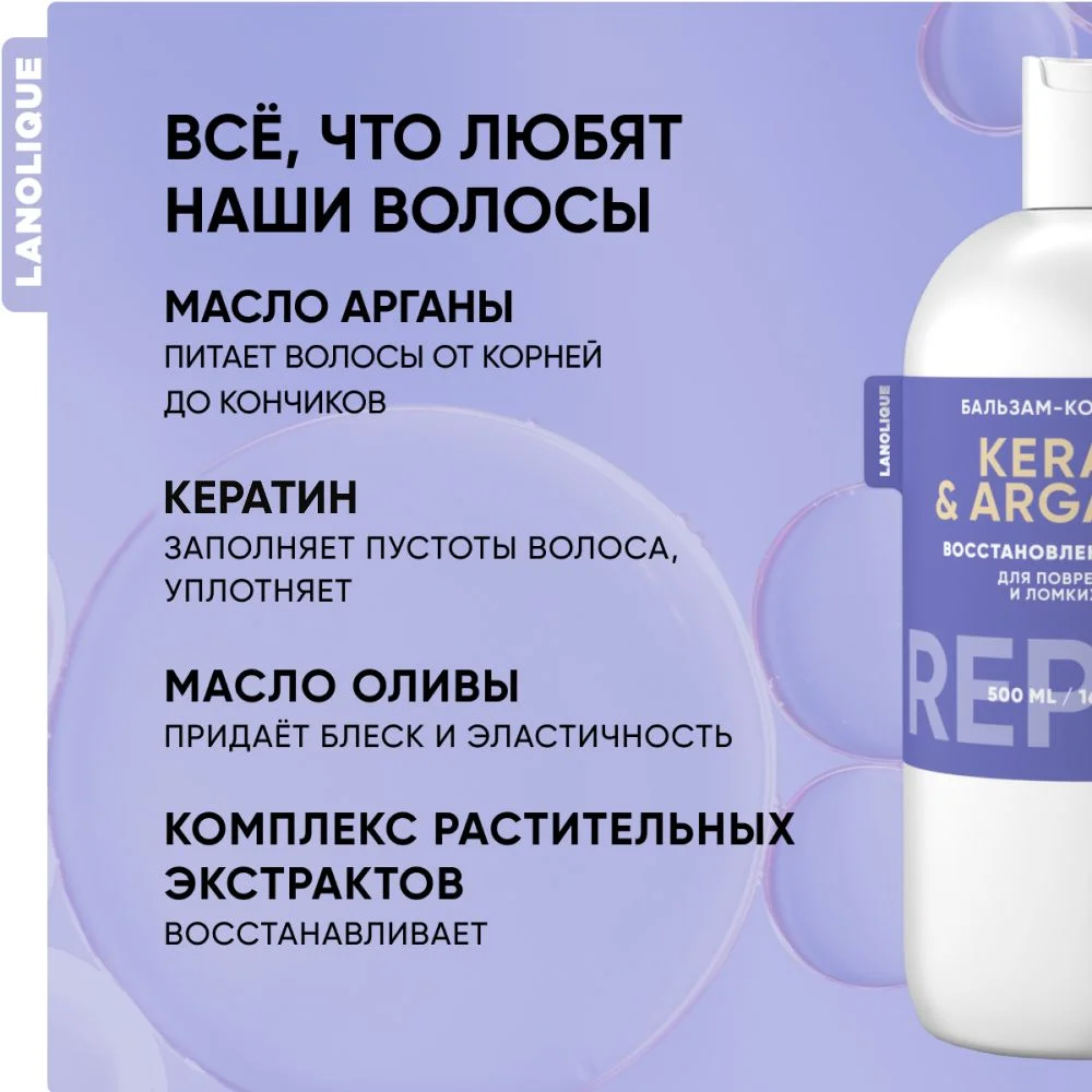 Lanolique / Бальзам для волос c кератином восстанавливающий кондиционер REPAIR, 250 мл