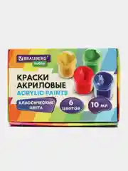 Краски акриловые набор для рисования и творчества, 6 цветов по 10 мл, Brauberg Hobby