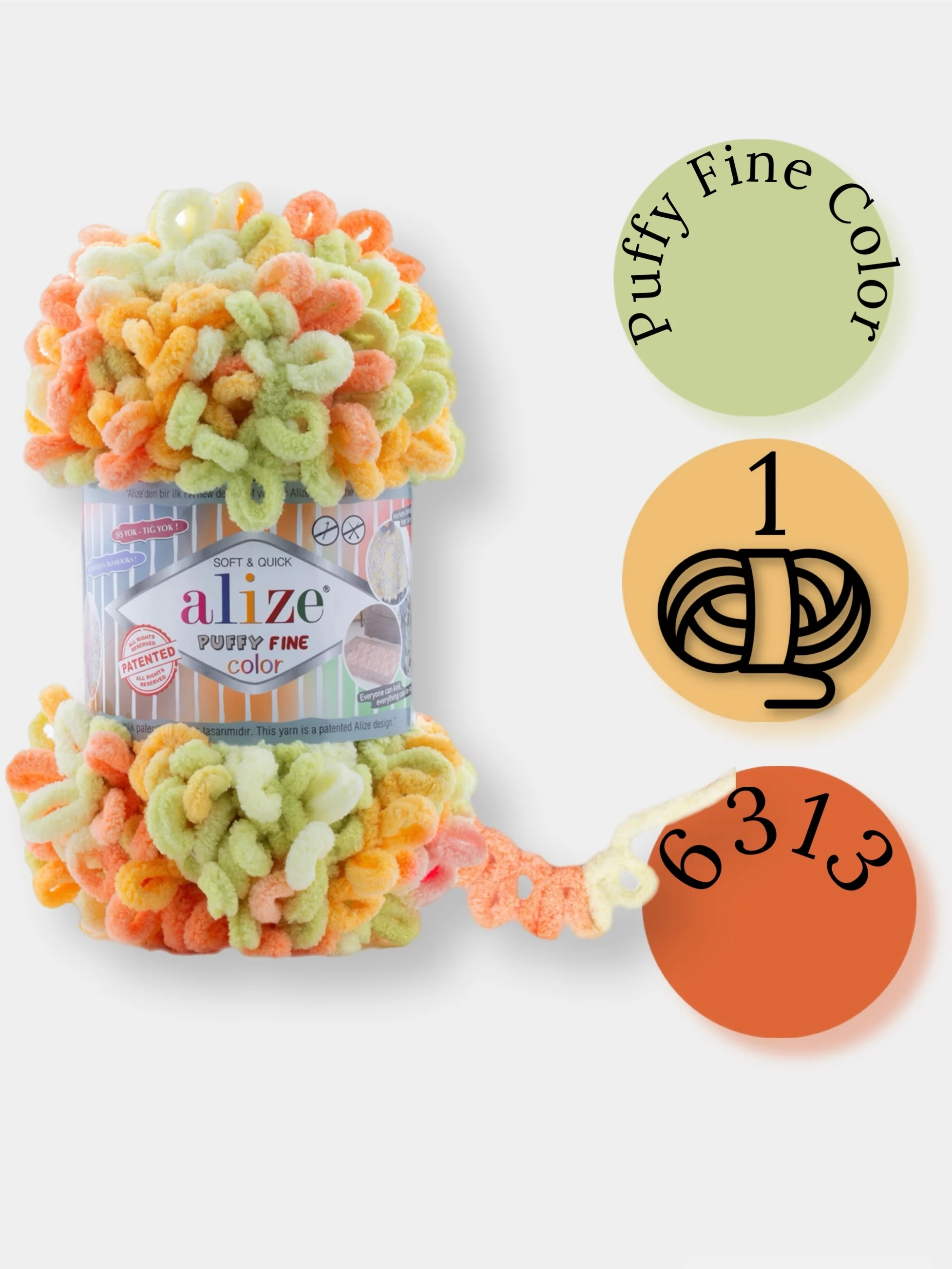 Оранжевый пряжа Alize Puffy Fine Color 100% Микрополиэстер 100г 14м