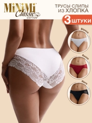 Трусы - слипы женские MiNiMi BO224 Slip кружевные цветные из хлопка набор 3 штуки