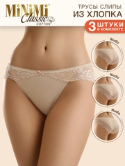 Трусы - слипы женские MiNiMi BO224 Slip кружевные цветные из хлопка набор 3 штуки