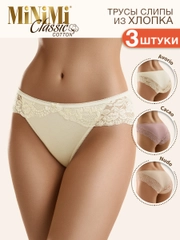 Трусы - слипы женские MiNiMi BO224 Slip кружевные цветные из хлопка набор 3 штуки