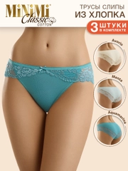 Трусы - слипы женские MiNiMi BO224 Slip кружевные цветные из хлопка набор 3 штуки