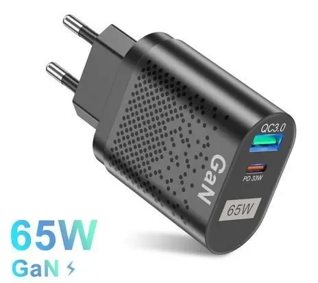 Черный gan зарядное устройство 65 Вт PD + QC3.0, черное