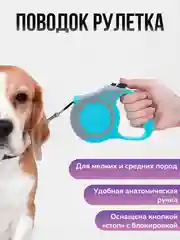Голубой поводок-рулетка для выгула собак и кошек, 3/5 метров, с прорезиненной ручкой