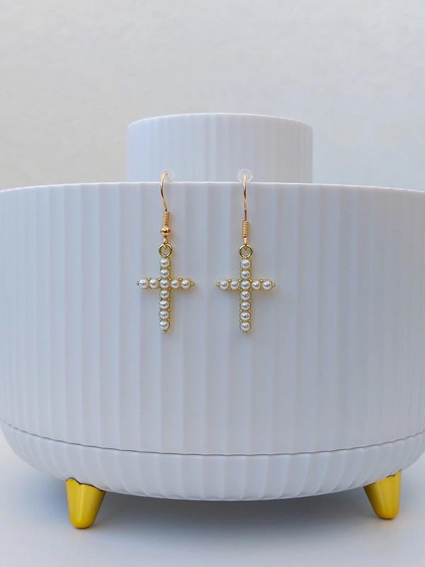 Серьги женские крест с жемчугом