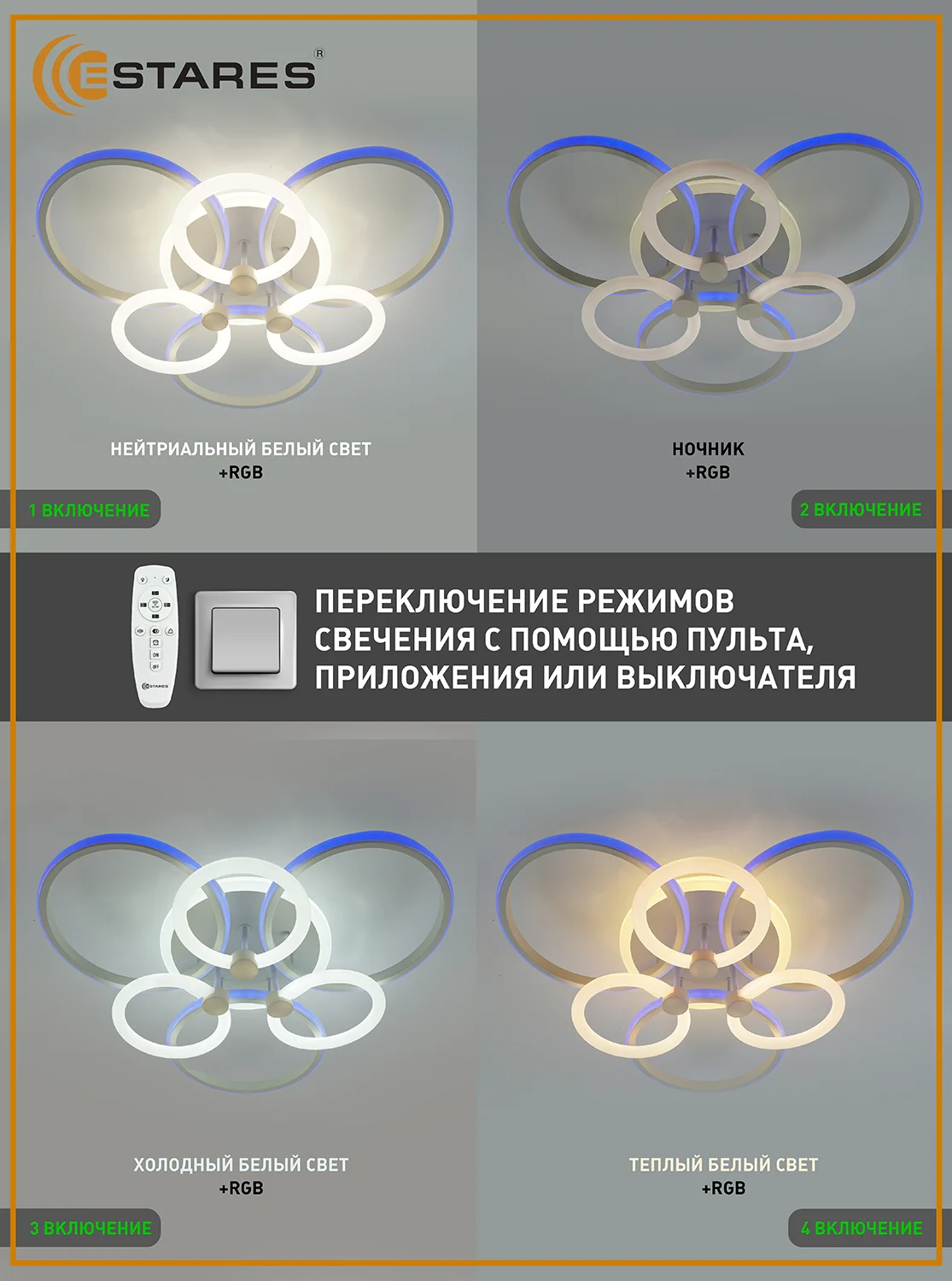 Управляемая светодиодная потолочная люстра с пультом Estares CARNAVAL RGB 50W+30W,до15кв.м