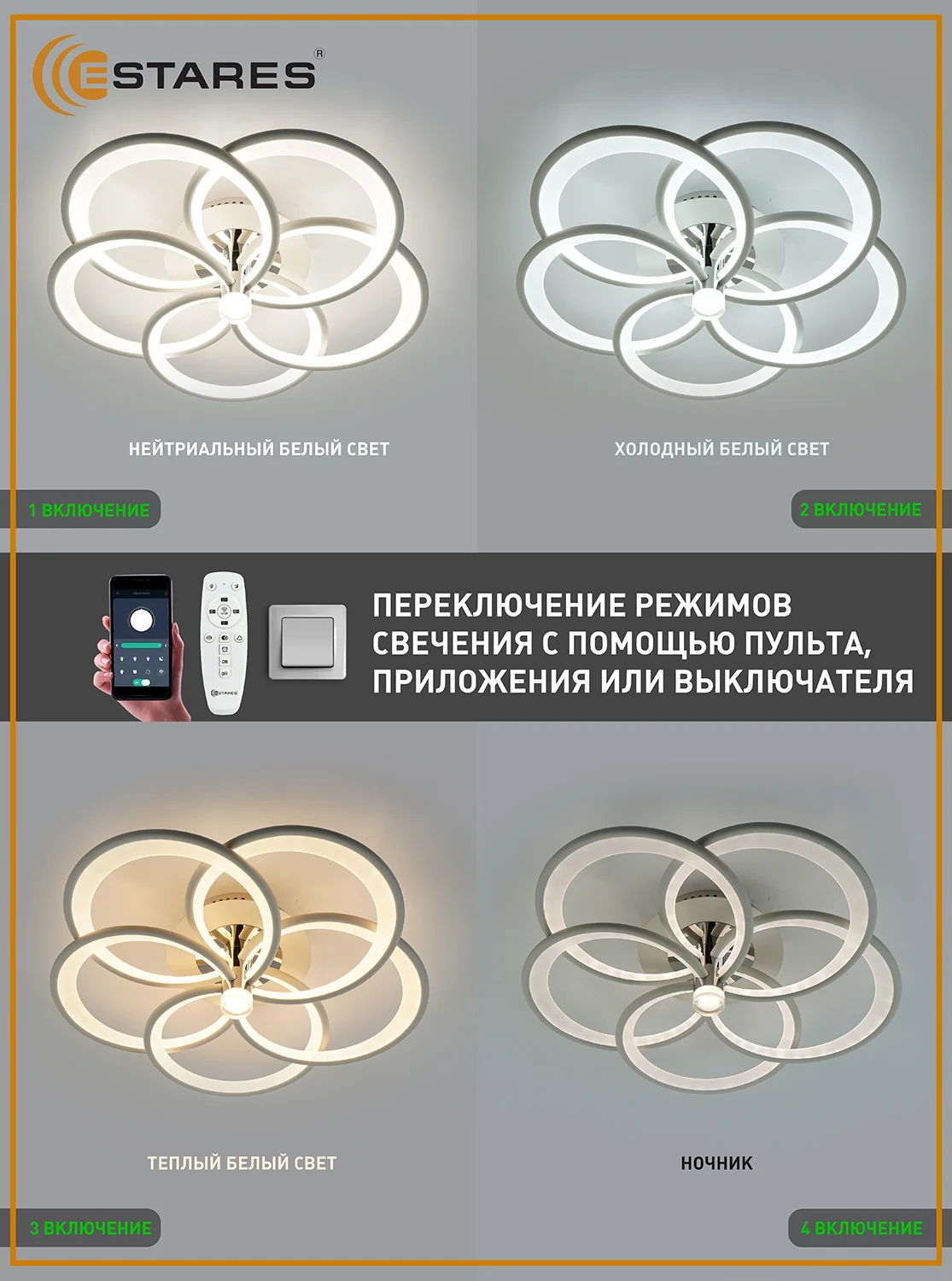 Управляемая светодиодная потолочная люстра с пультом Estares MADEMUASEL 110W хром до25кв.м