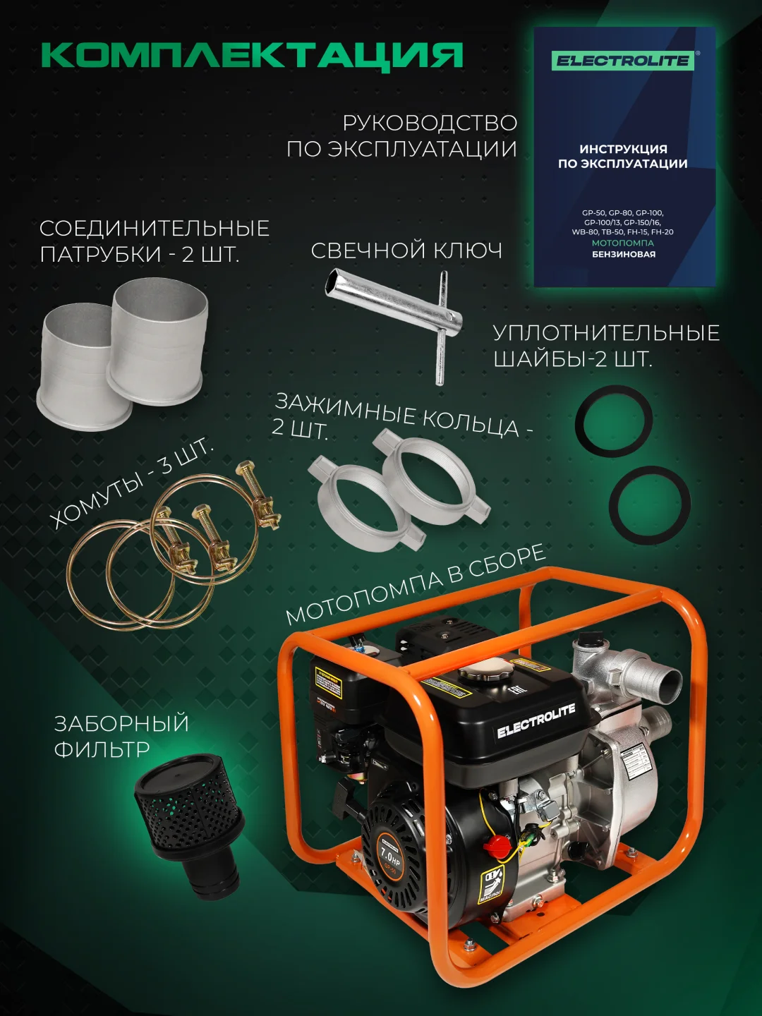 Мотопомпа бензиновая Electrolite GP-50, 50 мм, 7 л.с, 600 л/мин, напор 40 м, глубина 8 м