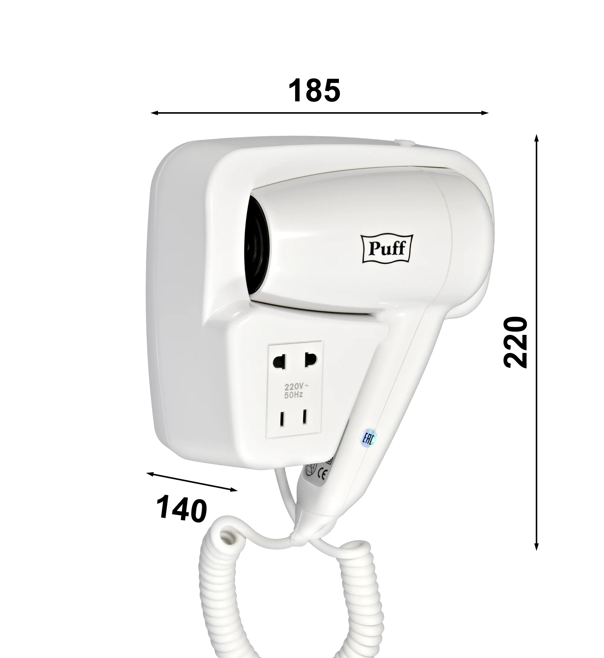Белый 1405.002 Фен для волос настенный "Puff-1200B", белый, 1,2 кВт, с доп. розеткой