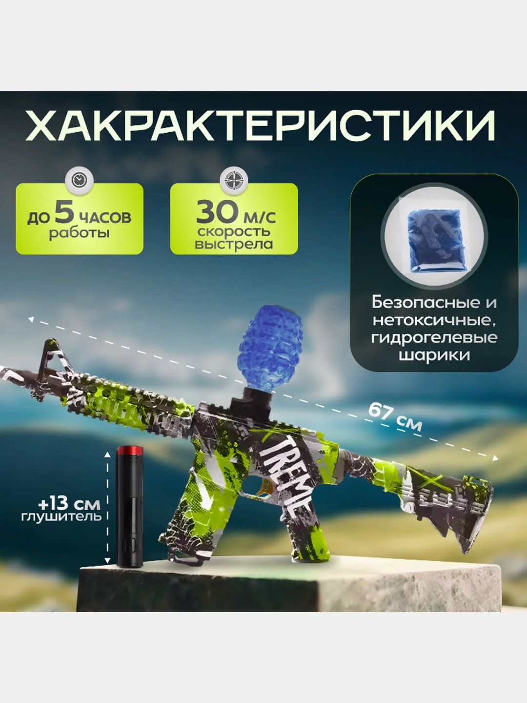 Зеленый пистолет игрушечный с орбизами, автомат игрушка с гелевыми шариками, орбизы гелевые