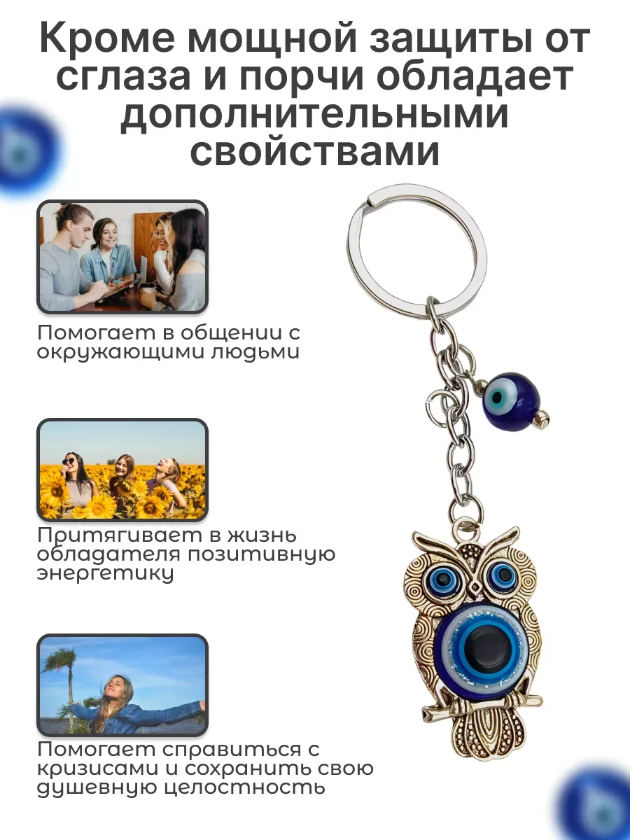 Синий брелок "Сова", оберег рука хамса, турецкий глаз фатимы