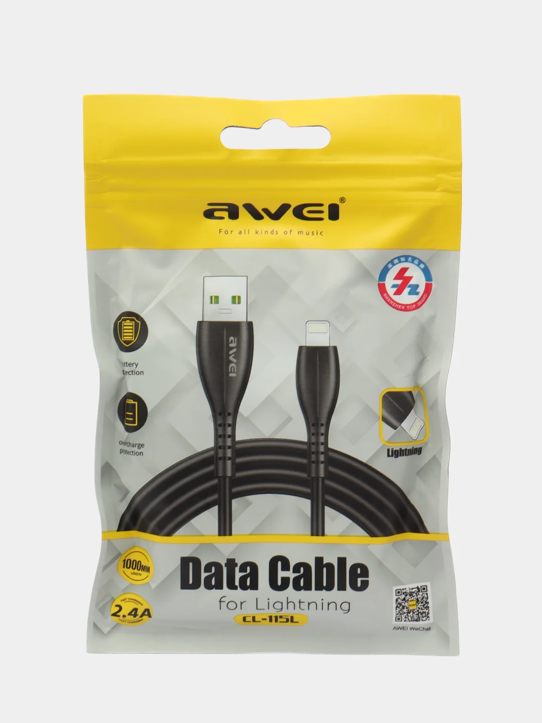 Черный кабель Lightning Apple 8pin черный 2,5A/5V для смартфонов Awei CL-115L
