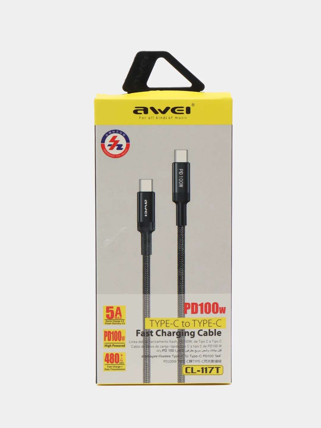 Черный кабель для быстрой зарядки AWEI CL-117T, Type-C to Type-C, PD 100W, 5A, 1 м