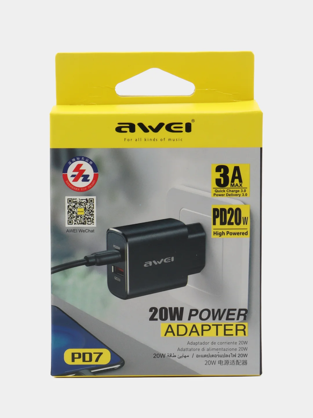 Черный зарядка для телефона Awei 20W Type-C + USB черный Блок питания PD7
