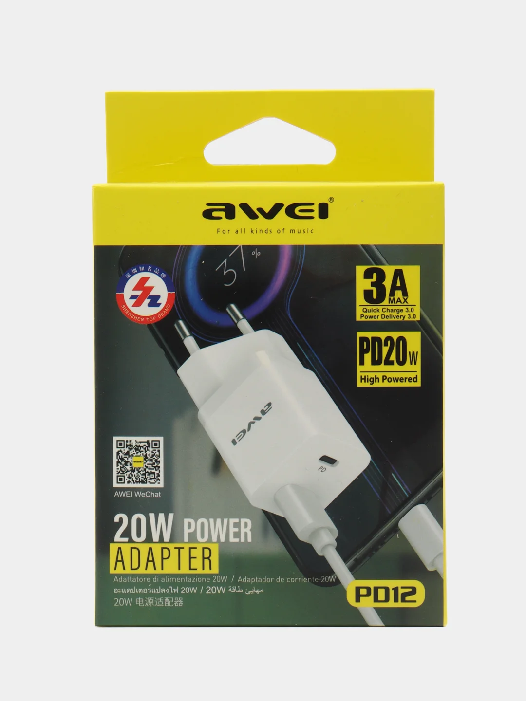 Белый зарядка для телефона Awei 20W Type-C + USB белый Блок питания PD12