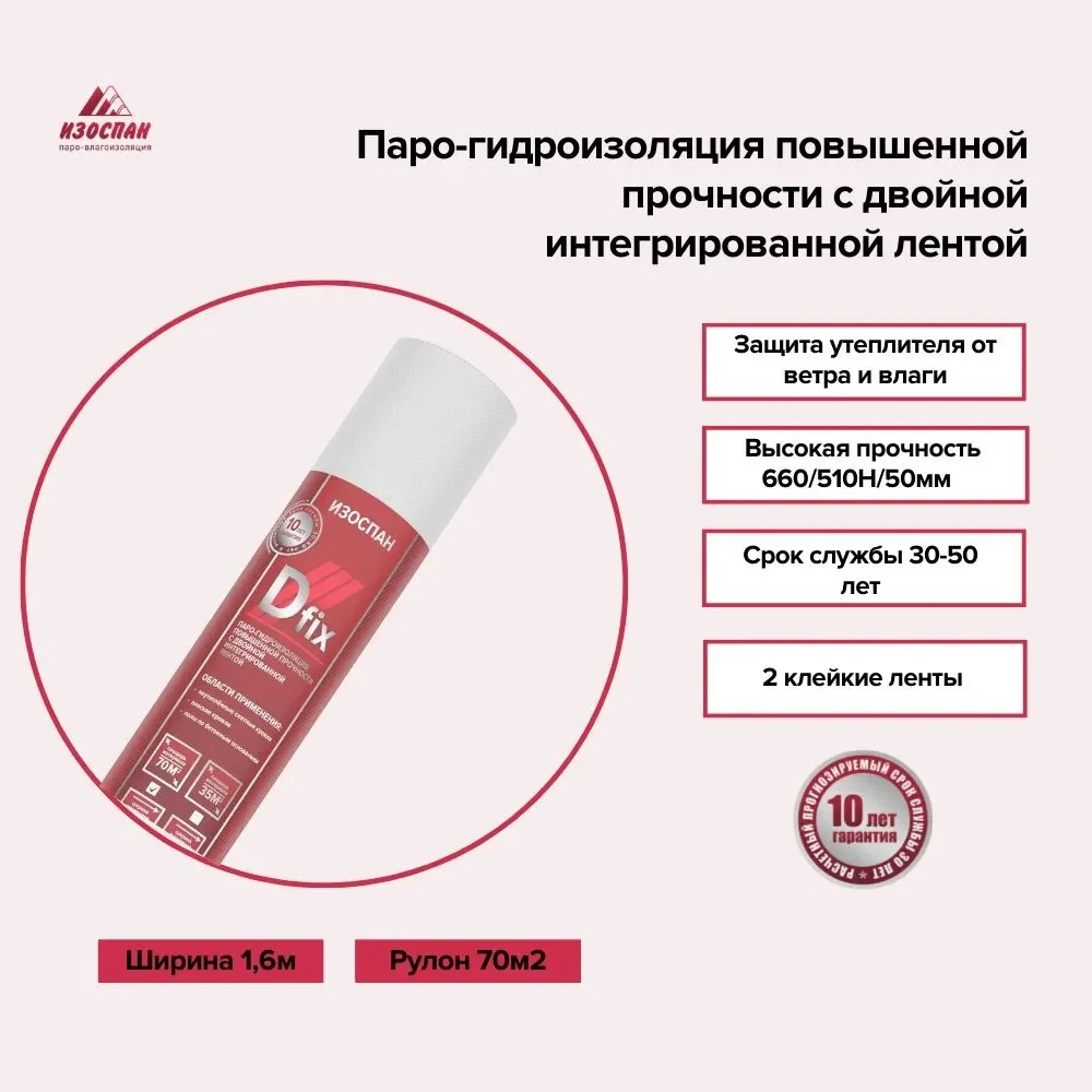 Паро-гидроизоляция с двойной интегрированной лентой Изоспан D fix 70 кв.м