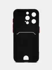 Черный чехол iPhone 15, 11 Pro, 14 Max, 13, 12, Xr, Xs, 6, 7, 8 Plus, Se Mini с карманом для карт