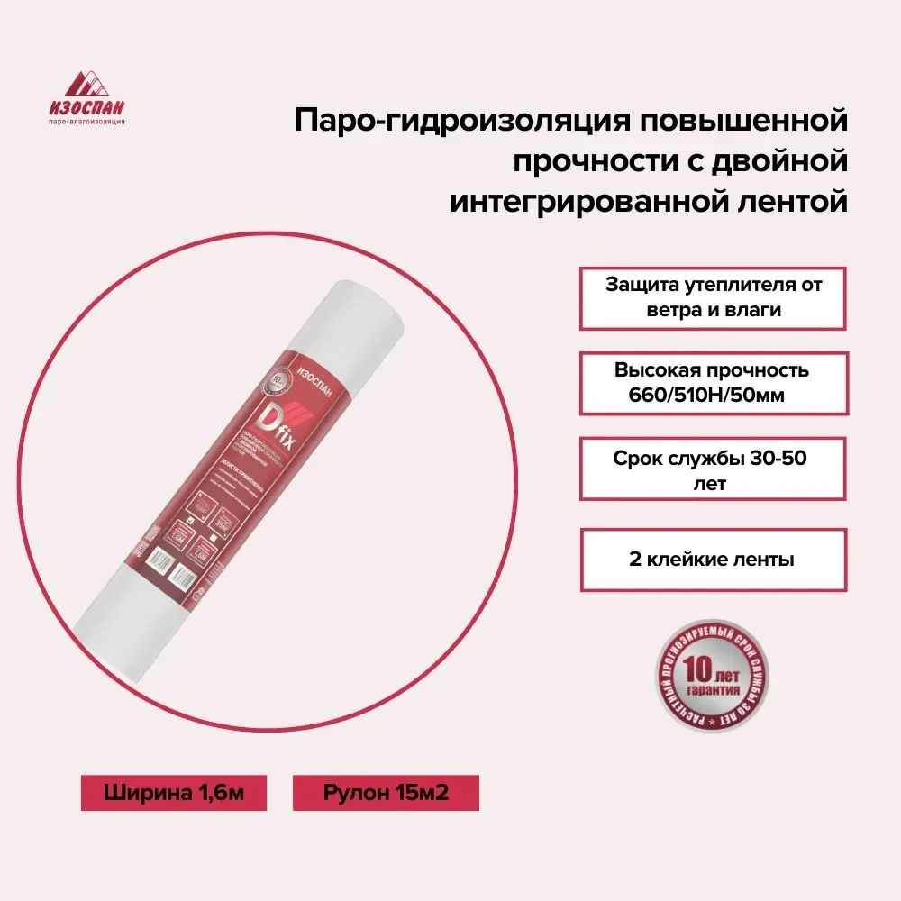 Паро-гидроизоляция с двойной интегрированной лентой Изоспан D fix 15 кв.м