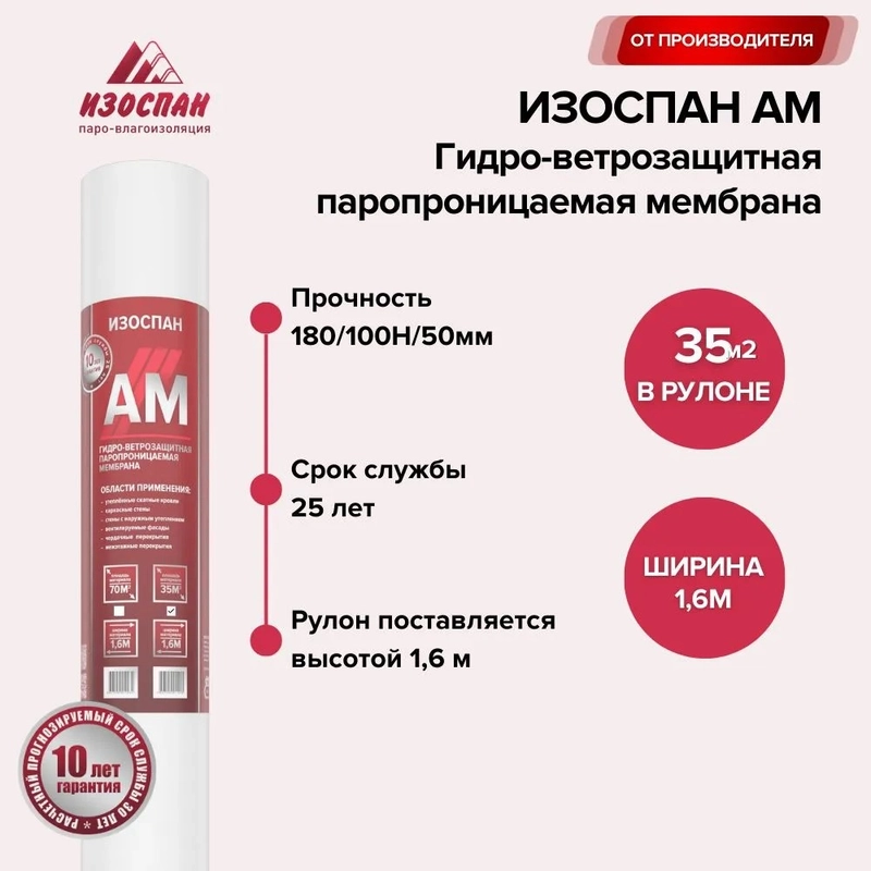Гидро-ветрозащитная паропроницаемая мембрана Изоспан AM 35 кв. м