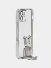 Серебряный чехол на Айфон с BearBrick медведем держателем подставкой IPhone 12 синий