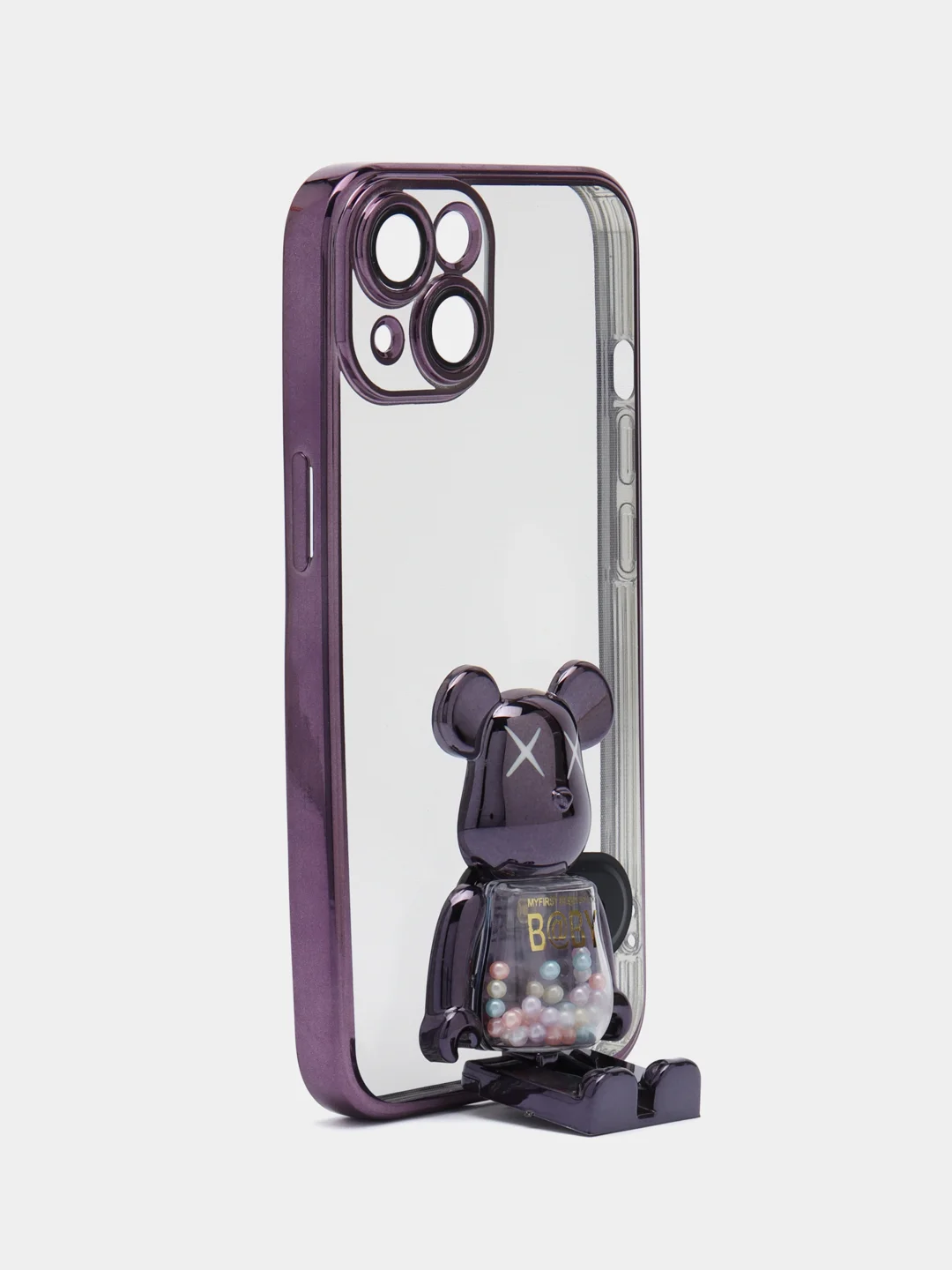 Фиолетовый чехол на Айфон с BearBrick медведем держателем подставкой IPhone 12 синий